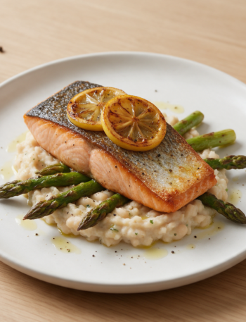 Baked salmon fillet on a mound of white bean mash with roasted asparagus and lemon, white plate on an oak table