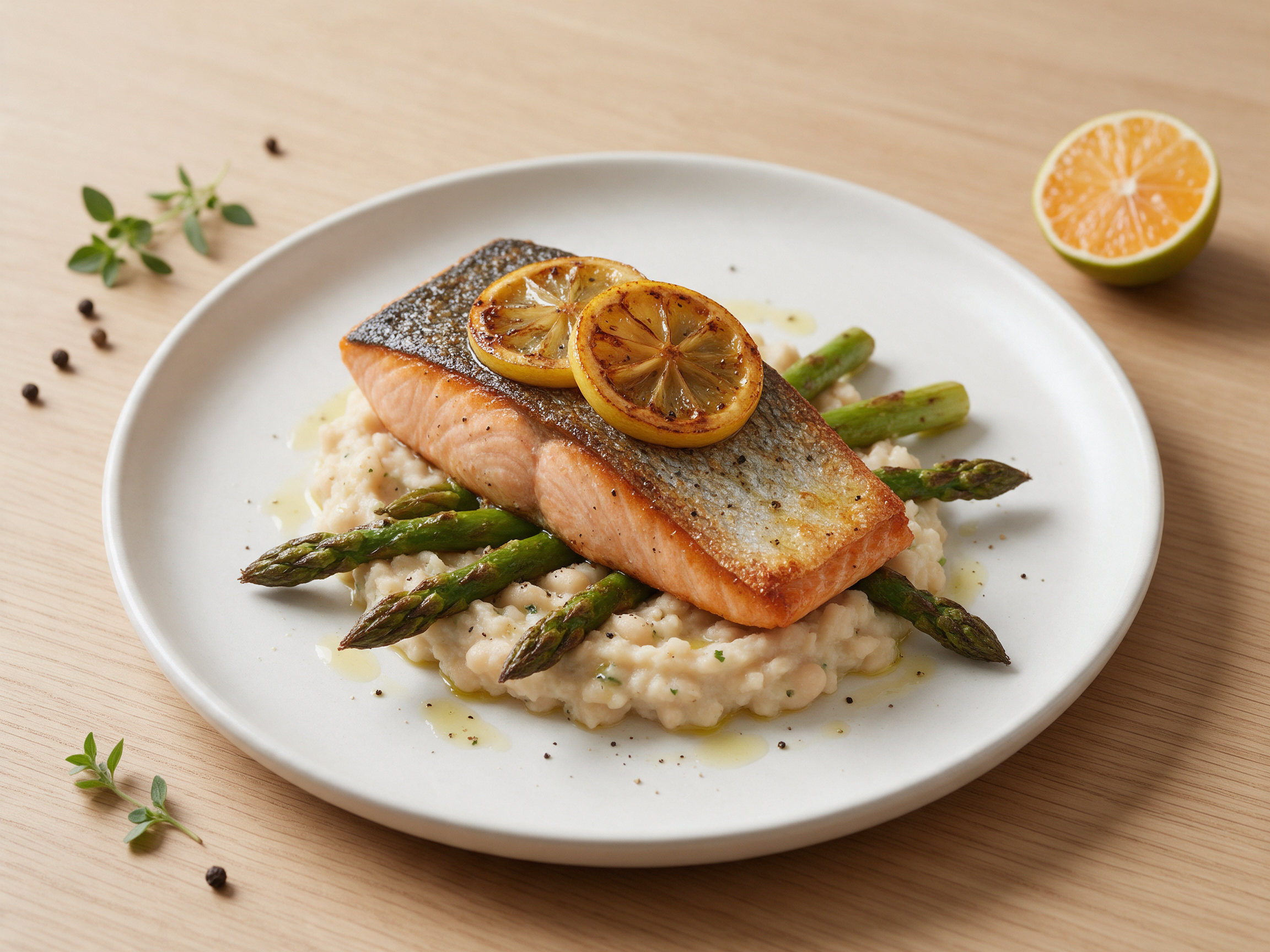 Baked salmon fillet on a mound of white bean mash with roasted asparagus and lemon, white plate on an oak table