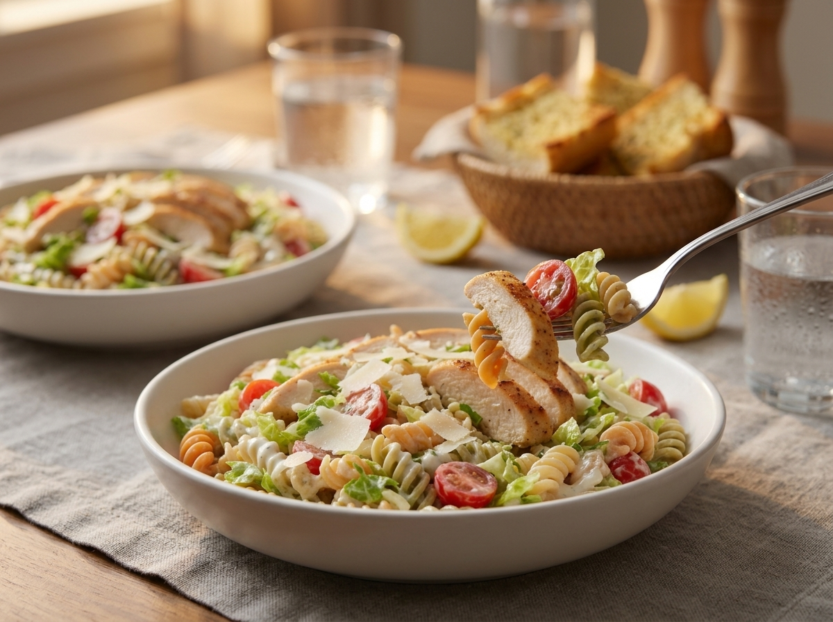 Two bowls of pasta salad on a linen-covered table with garlic bread, lemon wedges and water glasses