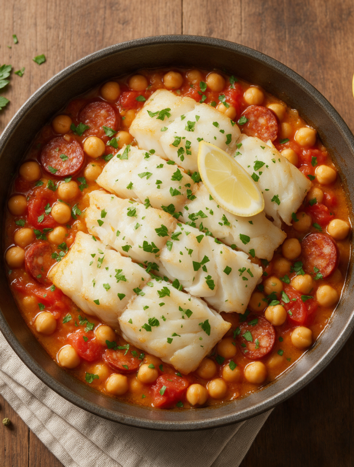 Four cod fillets resting on orange-tinged chickpea stew in a skillet, with parsley and lemon on linen