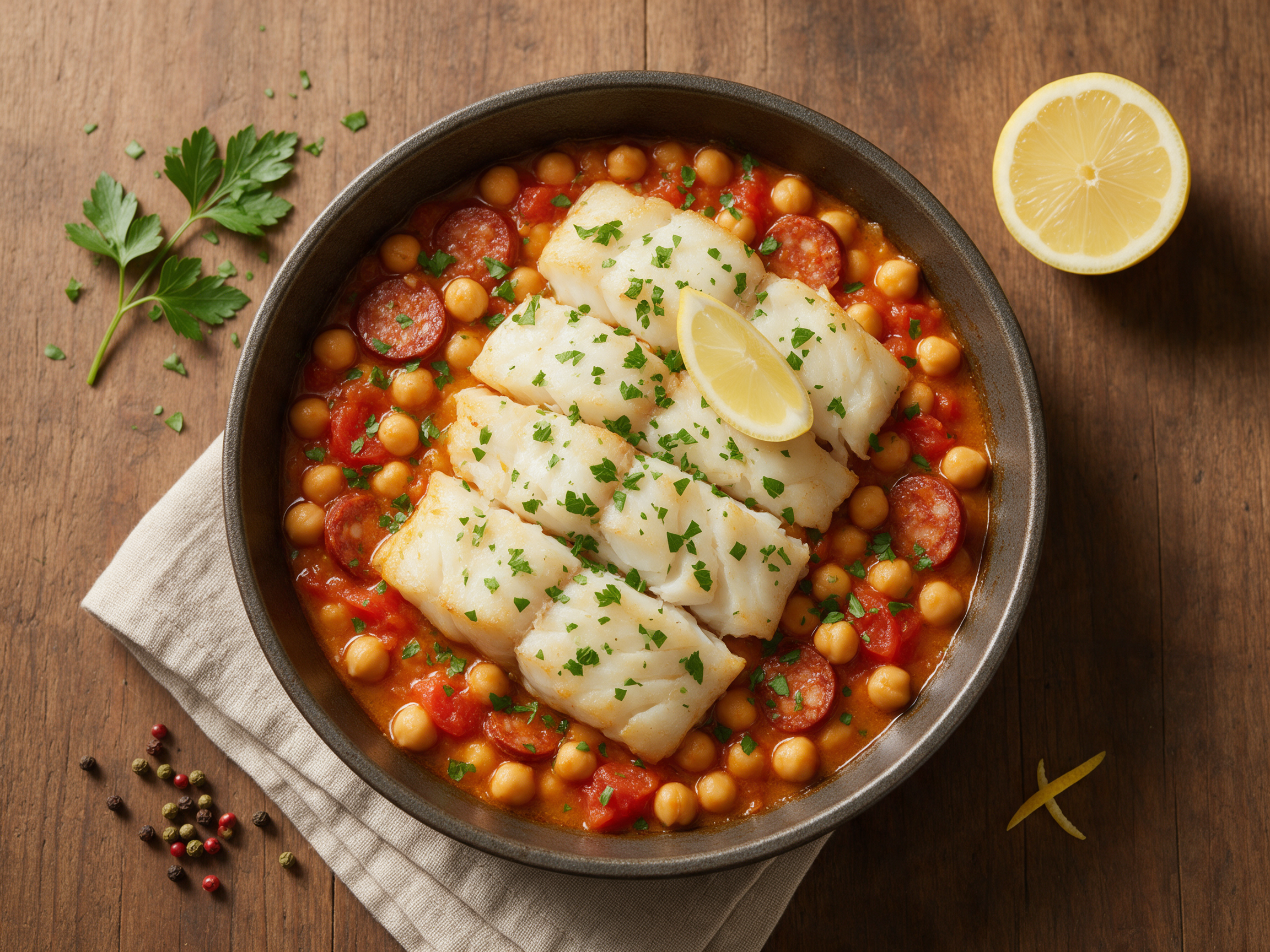 Four cod fillets resting on orange-tinged chickpea stew in a skillet, with parsley and lemon on linen