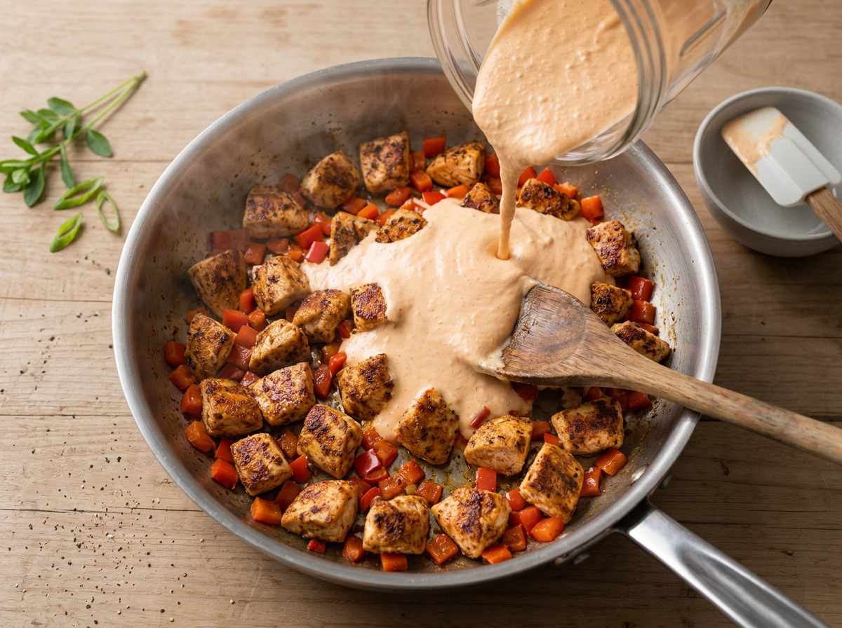 Seared chicken pieces and diced peppers in a deep skillet as smooth cottage cheese sauce is poured over