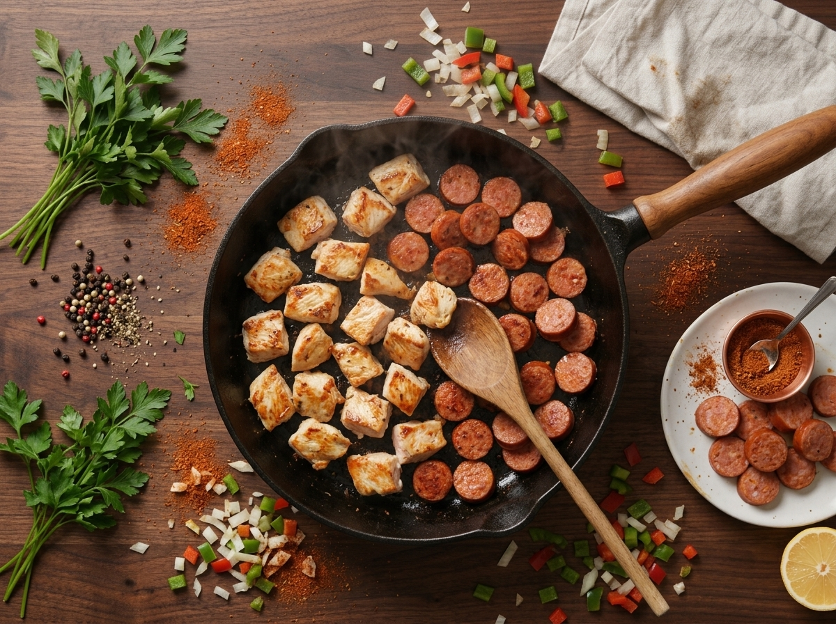 Seared chicken pieces browning in a single layer in a cast-iron skillet beside a plate of andouille rounds