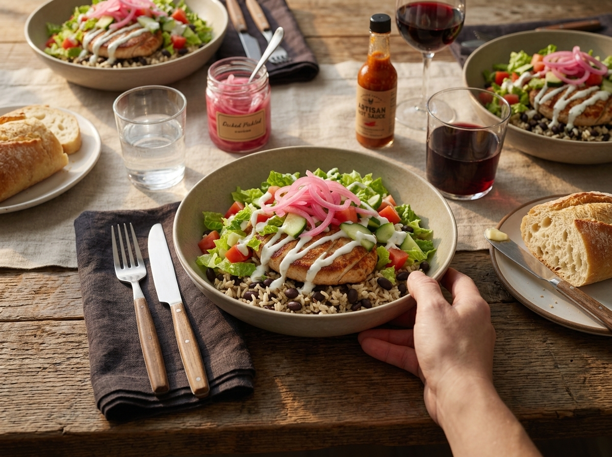 Weeknight dinner table set with three turkey burger bowls, forks, linen napkins and glasses of water