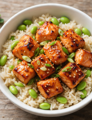 Overhead view of glossy honey garlic salmon cubes over edamame rice in a white bowl on a wood table