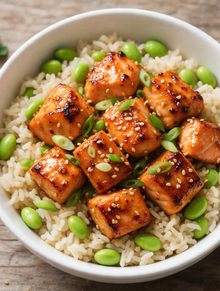 Overhead view of glossy honey garlic salmon cubes over edamame rice in a white bowl on a wood table