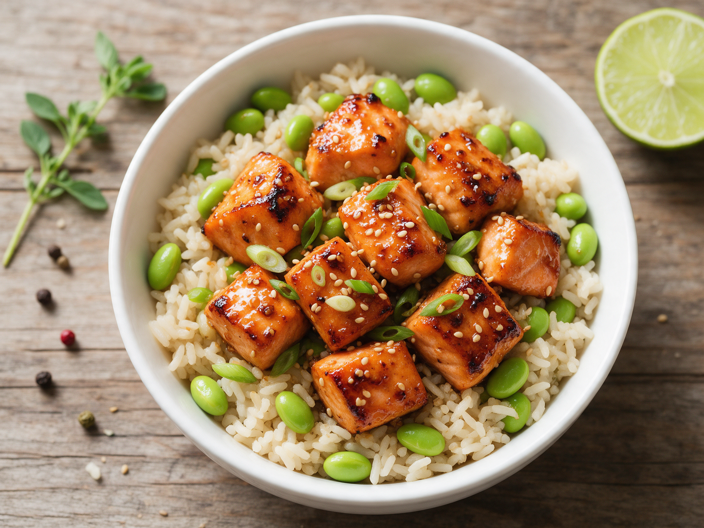 Overhead view of glossy honey garlic salmon cubes over edamame rice in a white bowl on a wood table