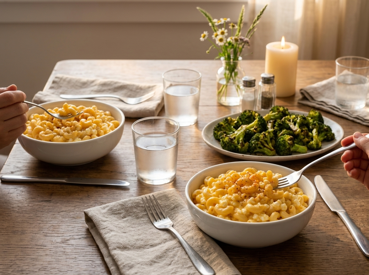 Two bowls of mac and cheese beside roasted broccoli and forks on linen napkins at a family dinner table