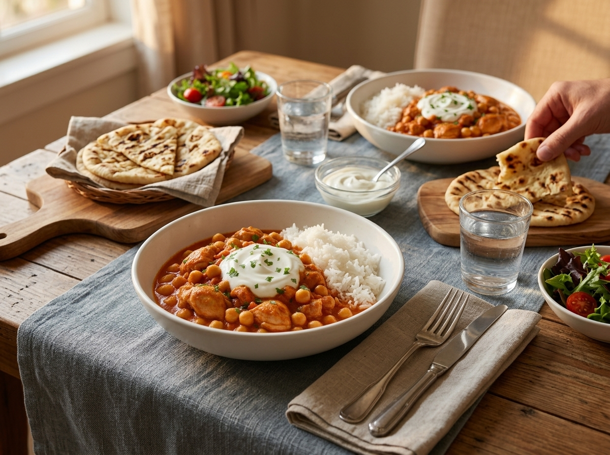 Two bowls of curry over basmati rice beside naan and a yogurt dish on a linen-covered table at dinner