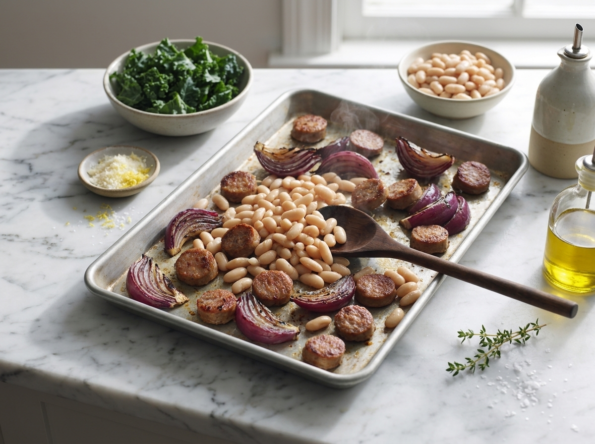 Wooden spoon folding dried cannellini beans into browned sausage coins and red onion wedges mid-roast