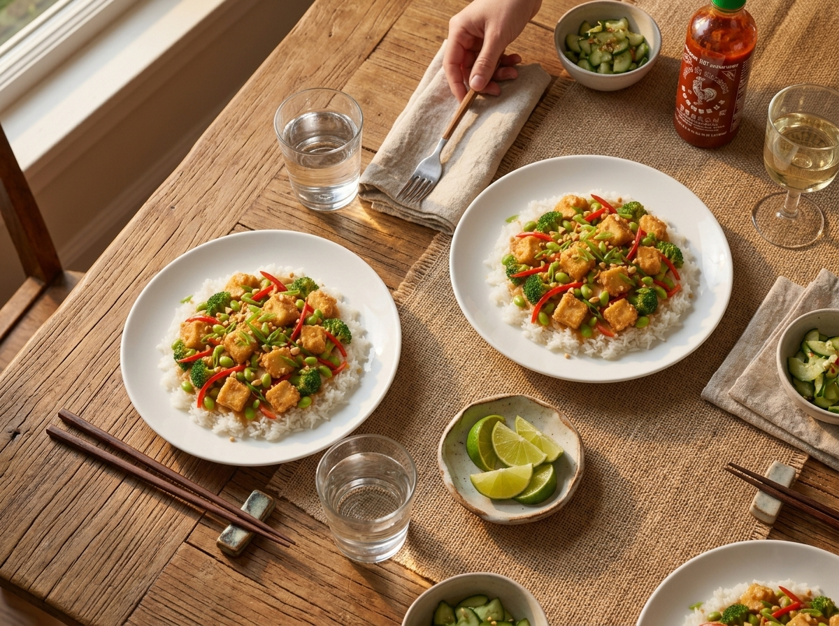 Two plates of tofu stir fry on a wooden table beside lime wedges, chopsticks and glasses of water