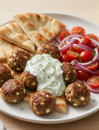 Baked Greek meatballs on a white plate beside a bowl of tzatziki, warm pita and halved cherry tomatoes
