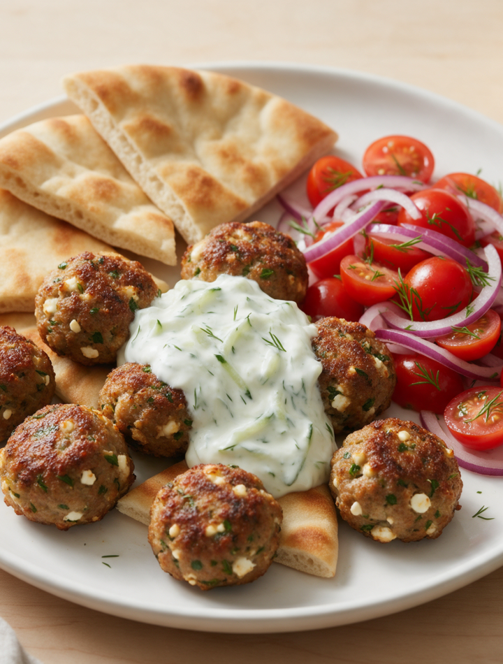 Baked Greek meatballs on a white plate beside a bowl of tzatziki, warm pita and halved cherry tomatoes