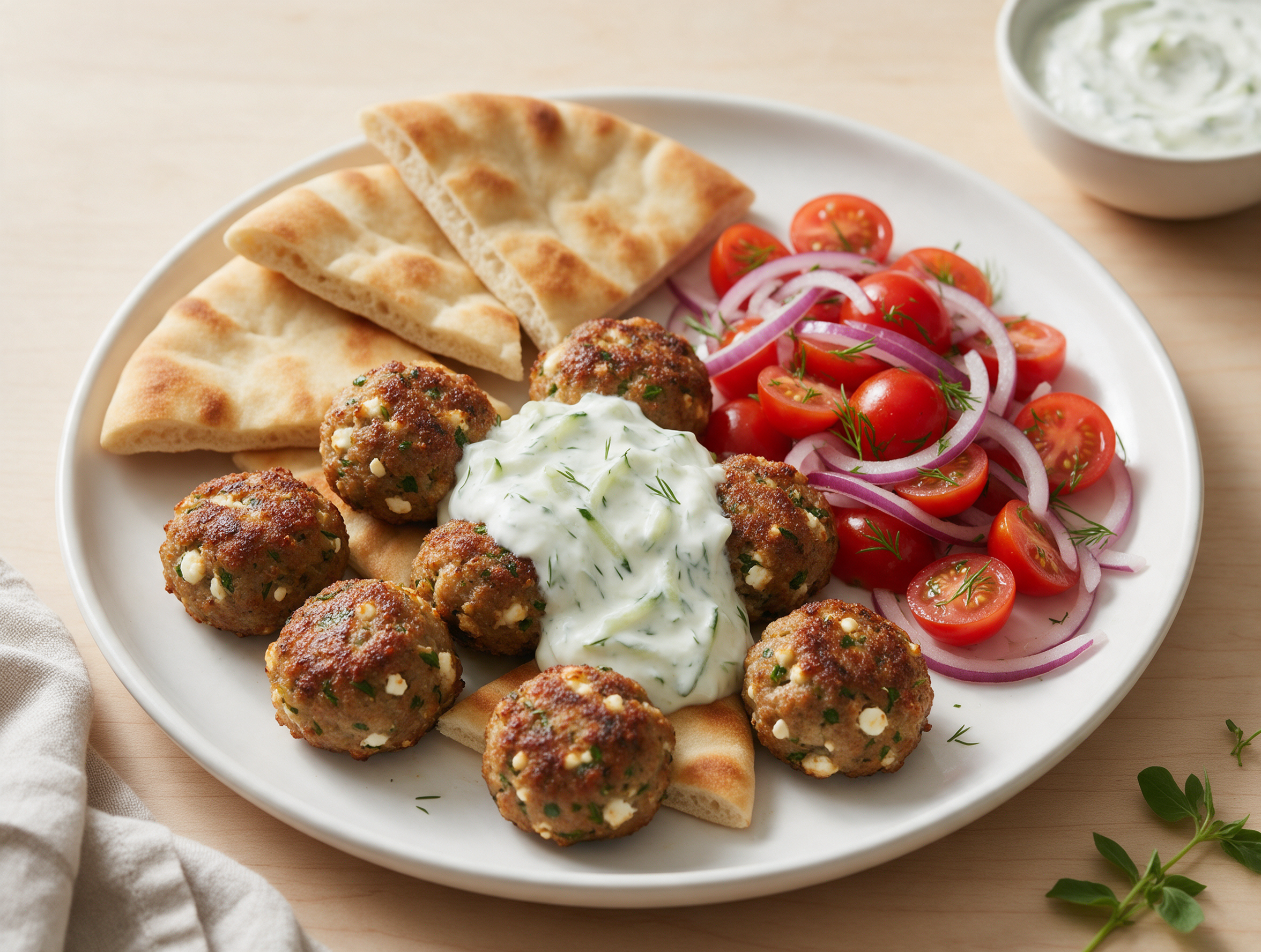 Baked Greek meatballs on a white plate beside a bowl of tzatziki, warm pita and halved cherry tomatoes