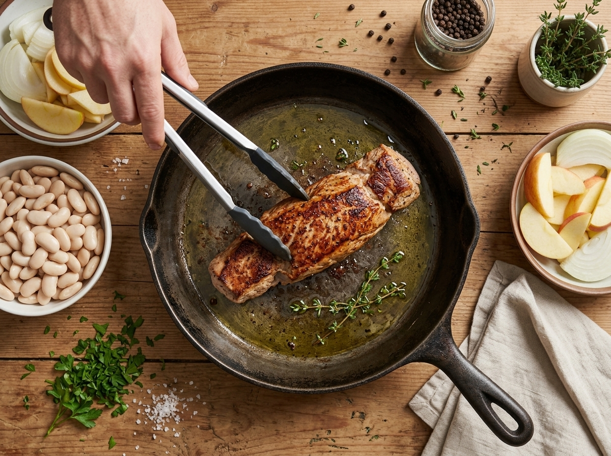 Tongs turning a seared pork tenderloin in hot oil while sliced onion and apple wait on a cutting board