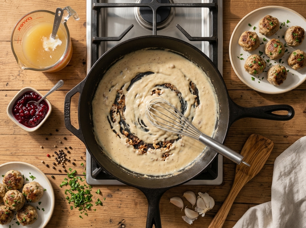 Whisk stirring flour and butter into a roux among browned bits in a 12-inch skillet beside a plate of meatballs