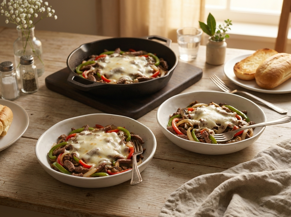 Two bowls of cheesesteak skillet with forks and a toasted hoagie roll on a kitchen table near a window