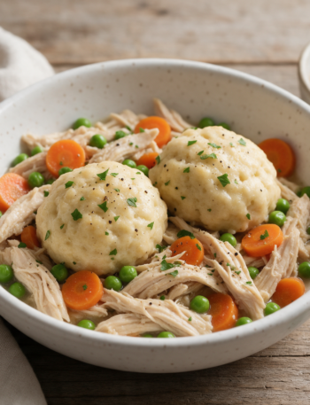 Overhead view of a white bowl of chicken stew topped with two pale yogurt dumplings and chopped parsley