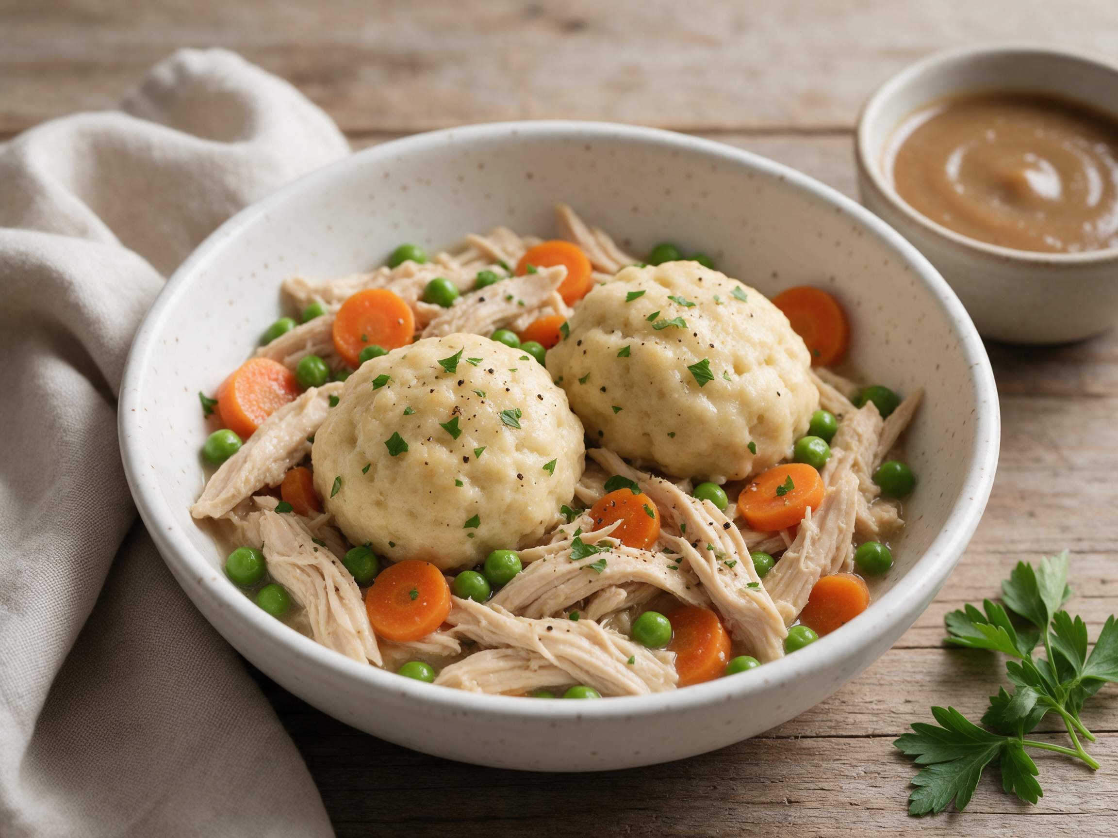 Overhead view of a white bowl of chicken stew topped with two pale yogurt dumplings and chopped parsley