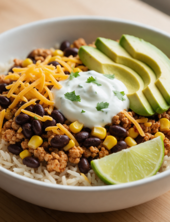 Overhead view of a white bowl with rice, turkey and black bean mix, corn, avocado slices and lime yogurt