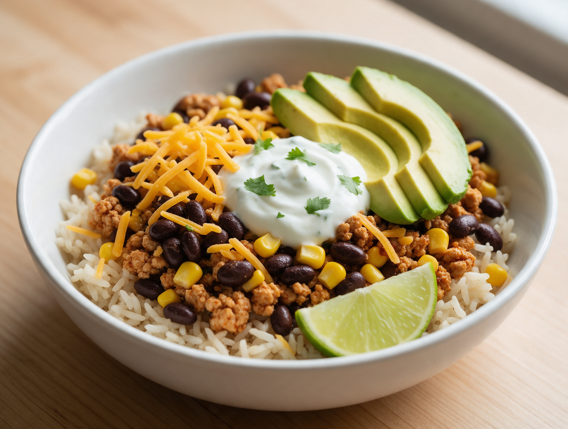 Overhead view of a white bowl with rice, turkey and black bean mix, corn, avocado slices and lime yogurt