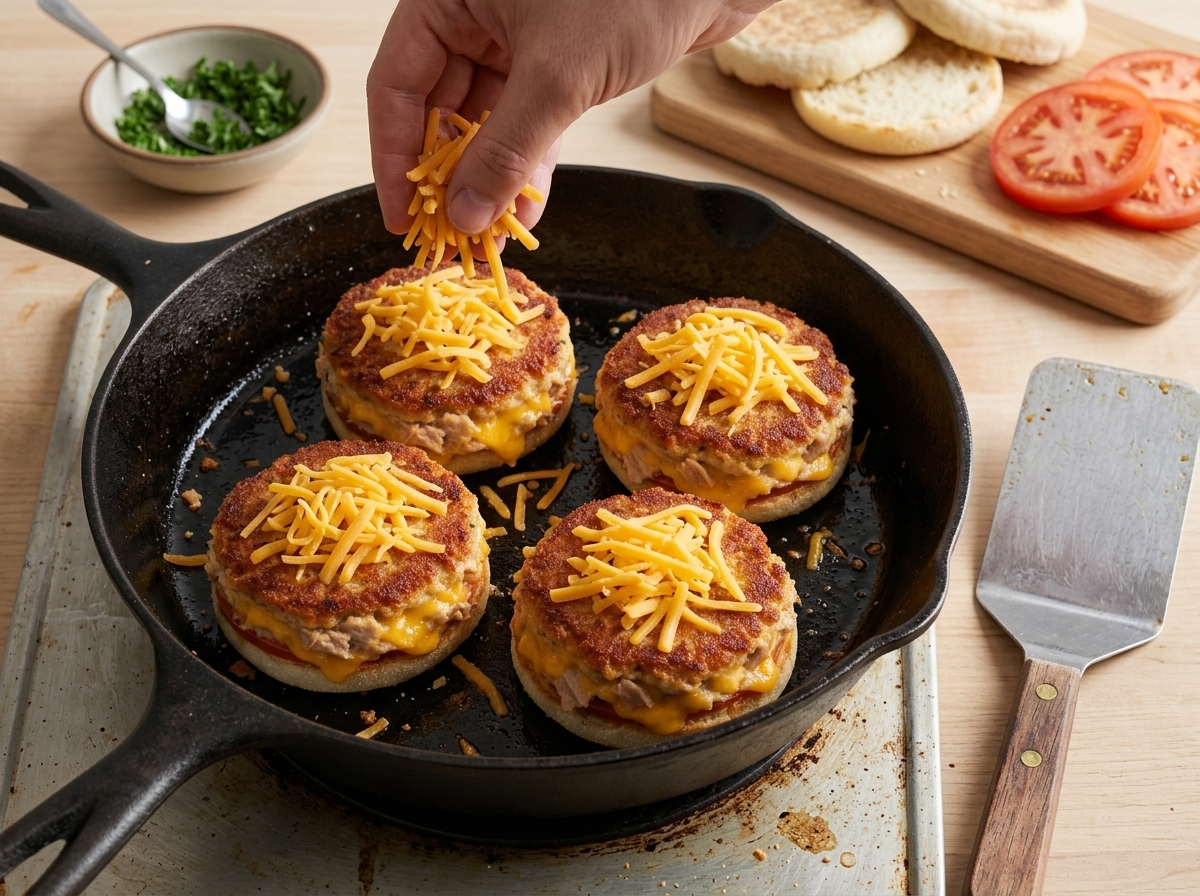 Four tuna patties browning in a cast-iron skillet as a cook scatters shredded cheddar over the tops