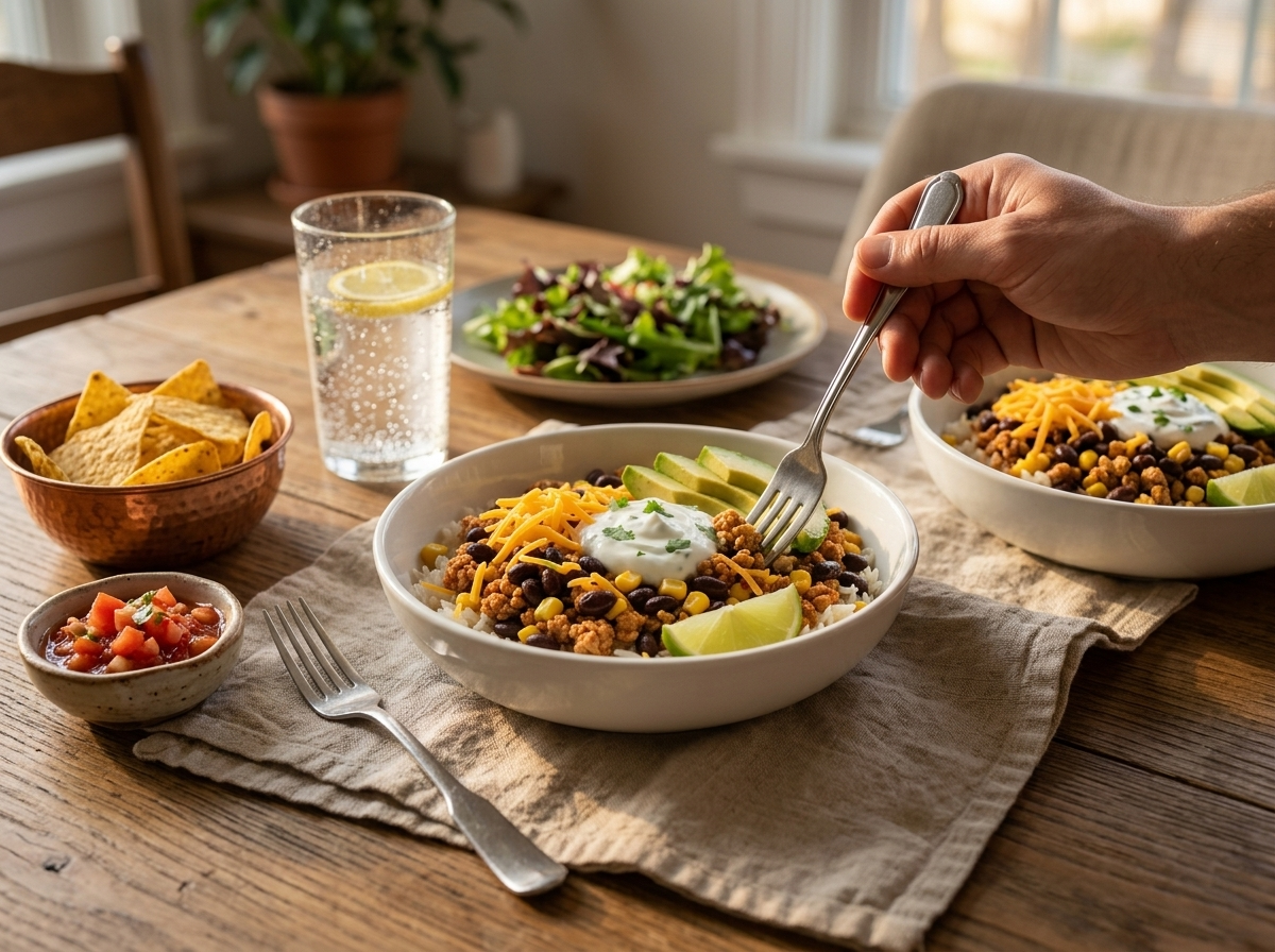 Two filled bowls beside tortilla chips, salsa and a glass of sparkling water on a weeknight dinner table