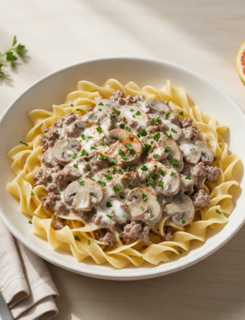 Creamy beef stroganoff over wide egg noodles in a white bowl, flecked with parsley, on a pale wooden table