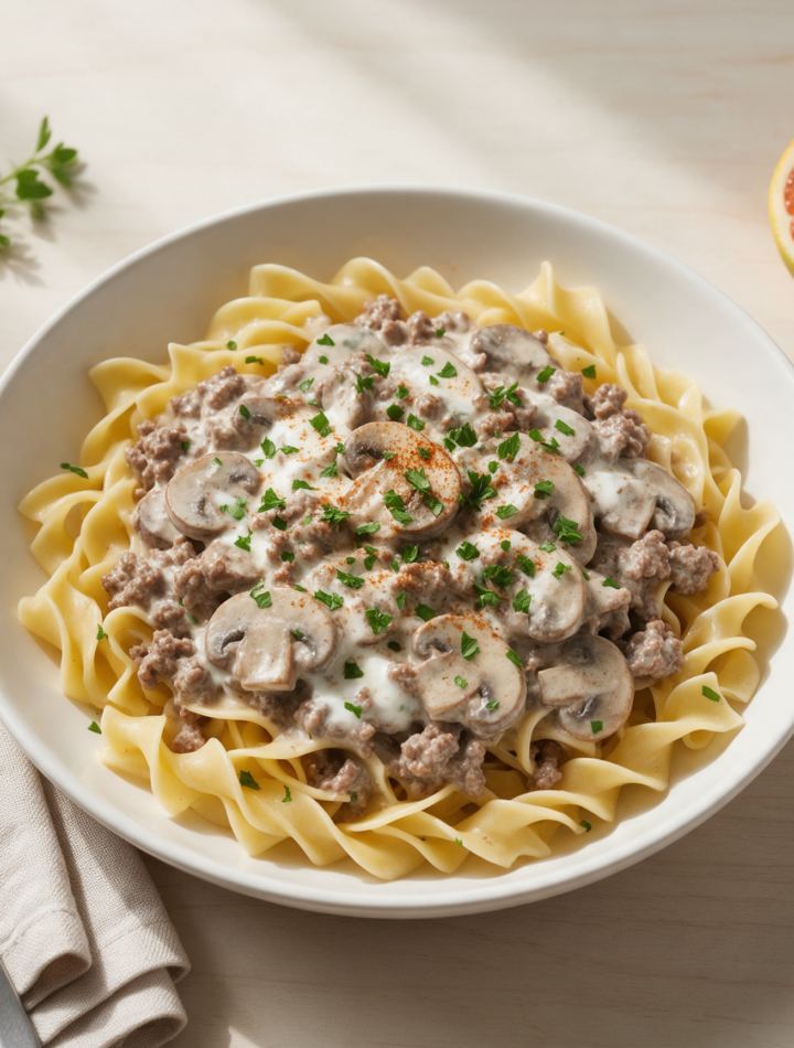 Creamy beef stroganoff over wide egg noodles in a white bowl, flecked with parsley, on a pale wooden table