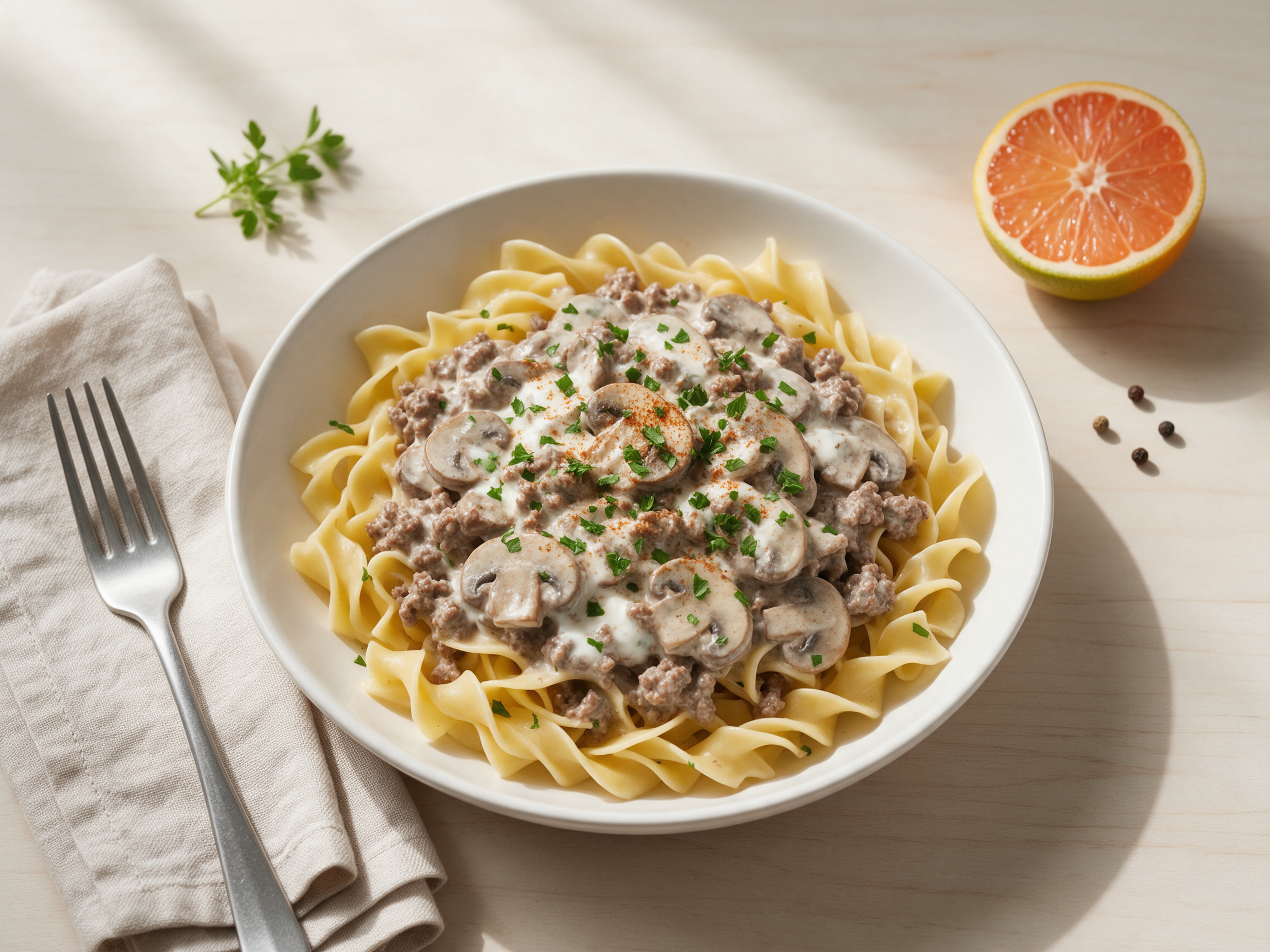 Creamy beef stroganoff over wide egg noodles in a white bowl, flecked with parsley, on a pale wooden table