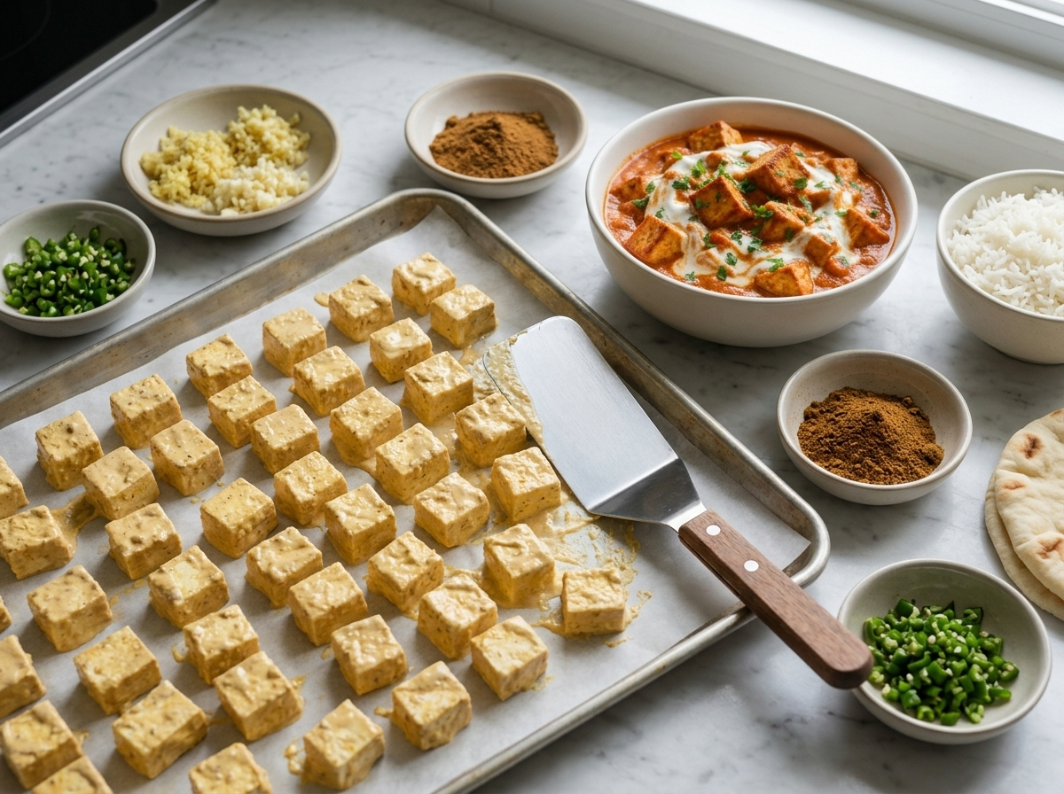 Tofu cubes coated in pale yellow marinade spread on a parchment sheet pan before roasting, spatula beside