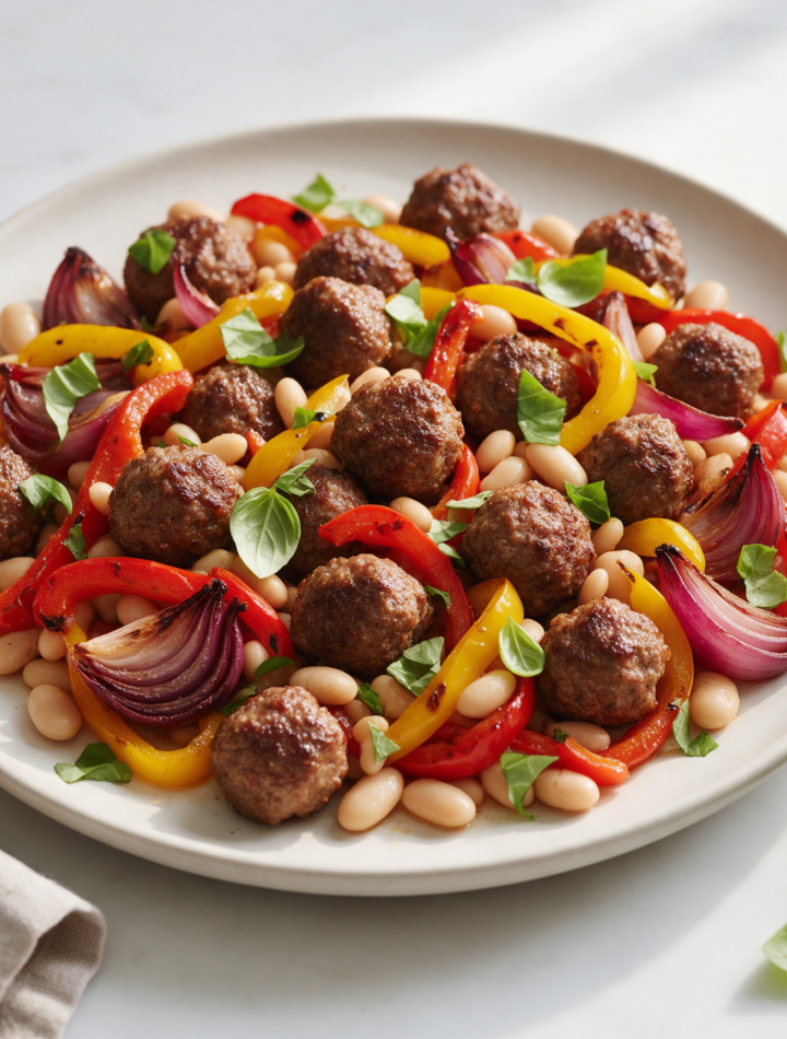 Browned beef meatballs on blistered red and yellow peppers with white beans and torn basil, on a marble counter