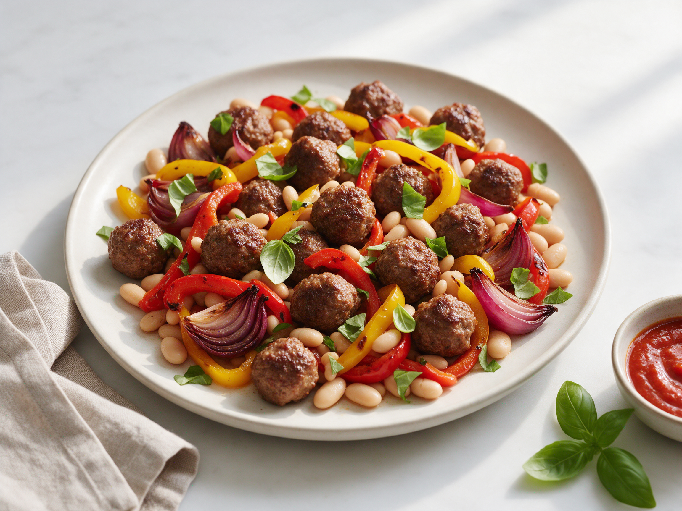 Browned beef meatballs on blistered red and yellow peppers with white beans and torn basil, on a marble counter