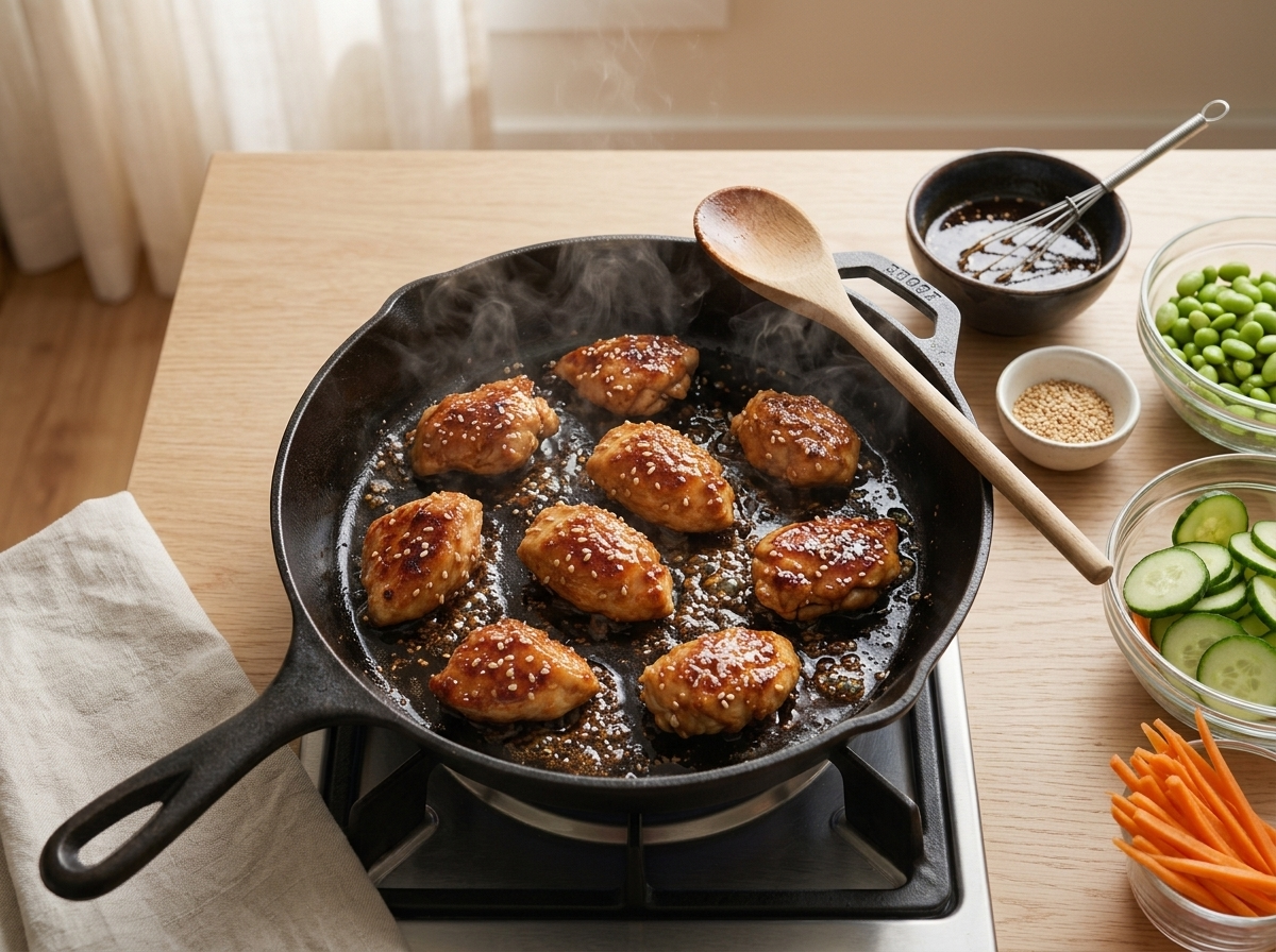 Cornstarch-dusted chicken pieces browning in a single layer in a cast-iron skillet with a wooden spoon nearby