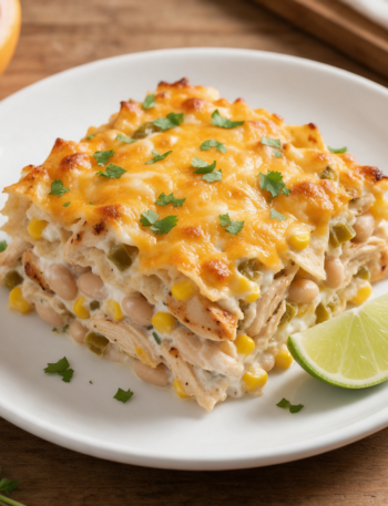 Square of white chicken chili casserole on a plate with melted pepper jack, cilantro and lime on a wooden table