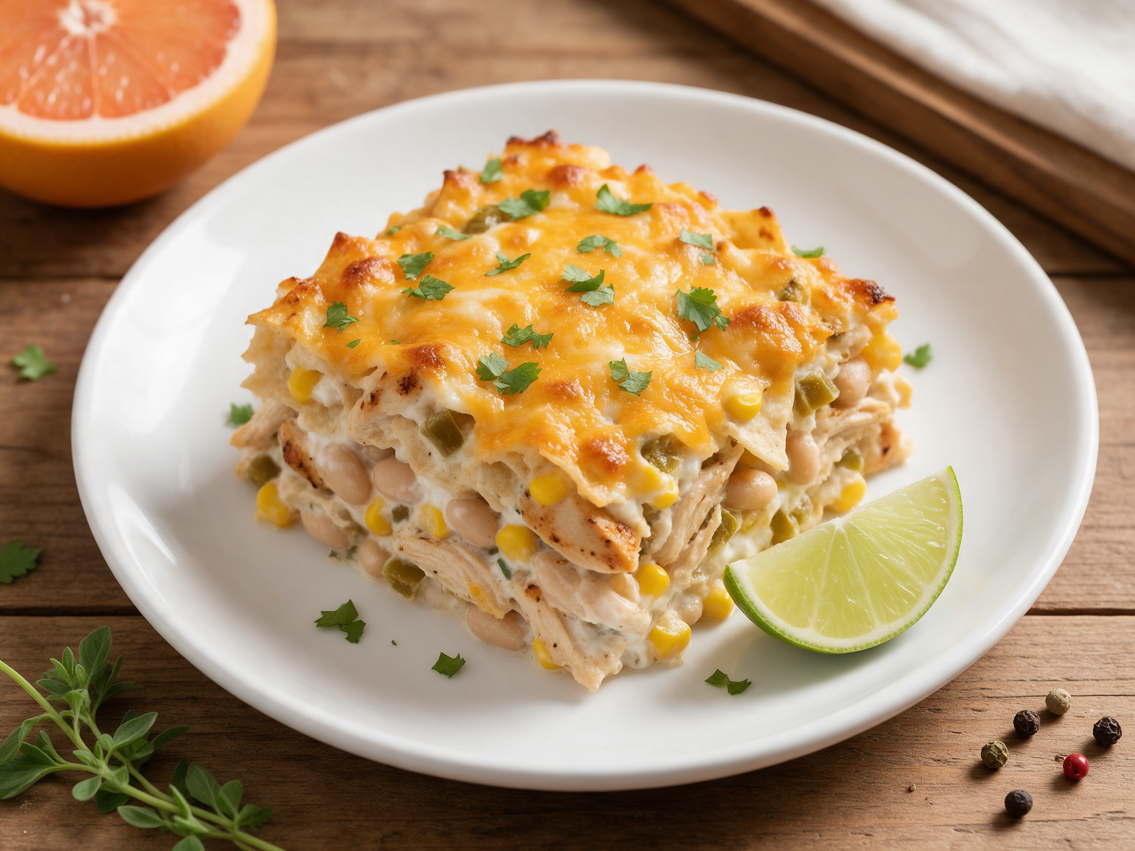 Square of white chicken chili casserole on a plate with melted pepper jack, cilantro and lime on a wooden table