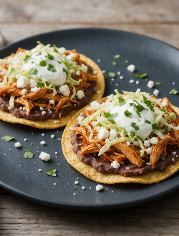 Two chicken tinga tostadas topped with refried beans, cotija and cilantro on a slate plate, 45 degree view