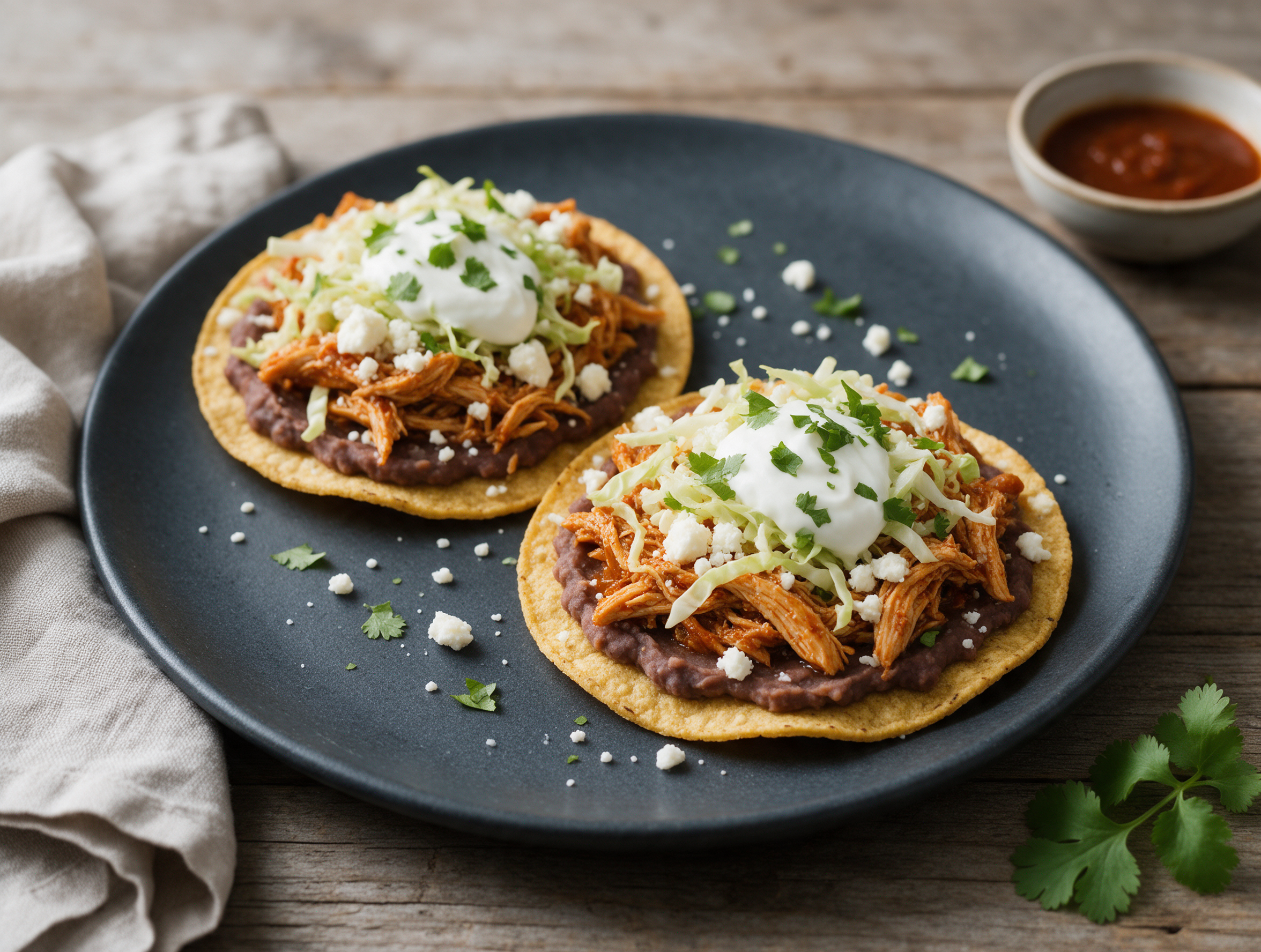 Two chicken tinga tostadas topped with refried beans, cotija and cilantro on a slate plate, 45 degree view