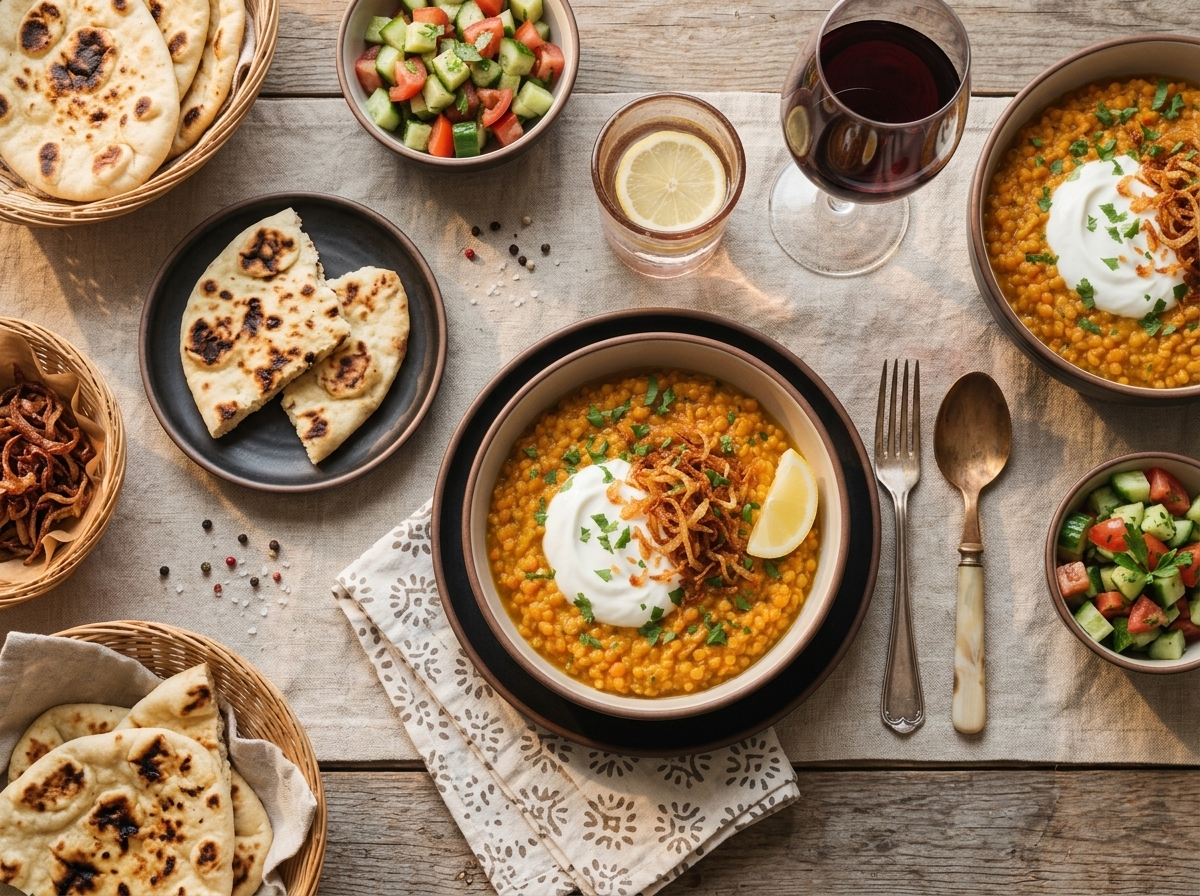 Two bowls of dal with warm naan and a lemon wedge on a linen-covered table, ready for a weeknight dinner