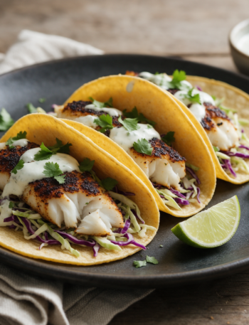 Three blackened cod tacos topped with cabbage slaw and lime crema on a dark plate, shot at a 45 degree angle