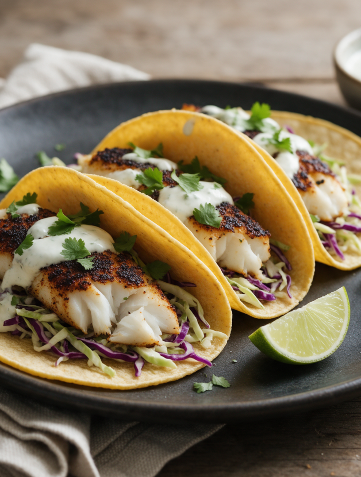 Three blackened cod tacos topped with cabbage slaw and lime crema on a dark plate, shot at a 45 degree angle