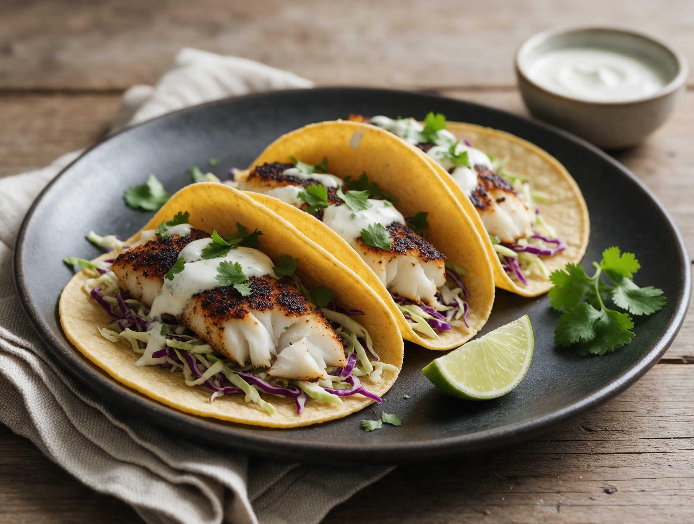 Three blackened cod tacos topped with cabbage slaw and lime crema on a dark plate, shot at a 45 degree angle