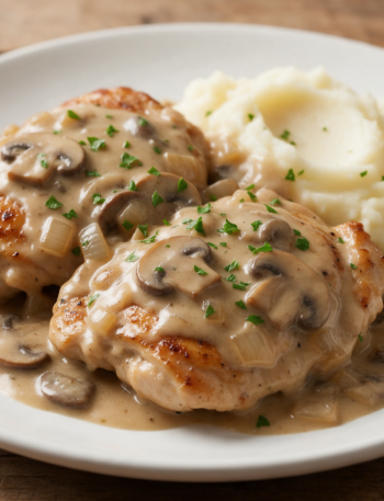Two smothered chicken thighs under creamy mushroom gravy on a white plate beside mashed potatoes