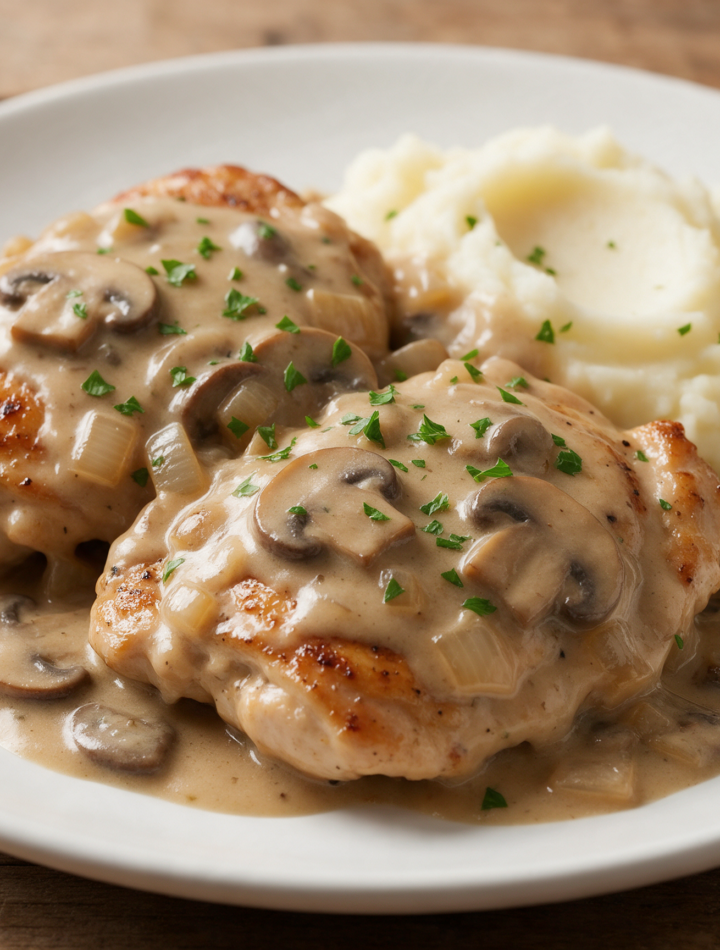 Two smothered chicken thighs under creamy mushroom gravy on a white plate beside mashed potatoes