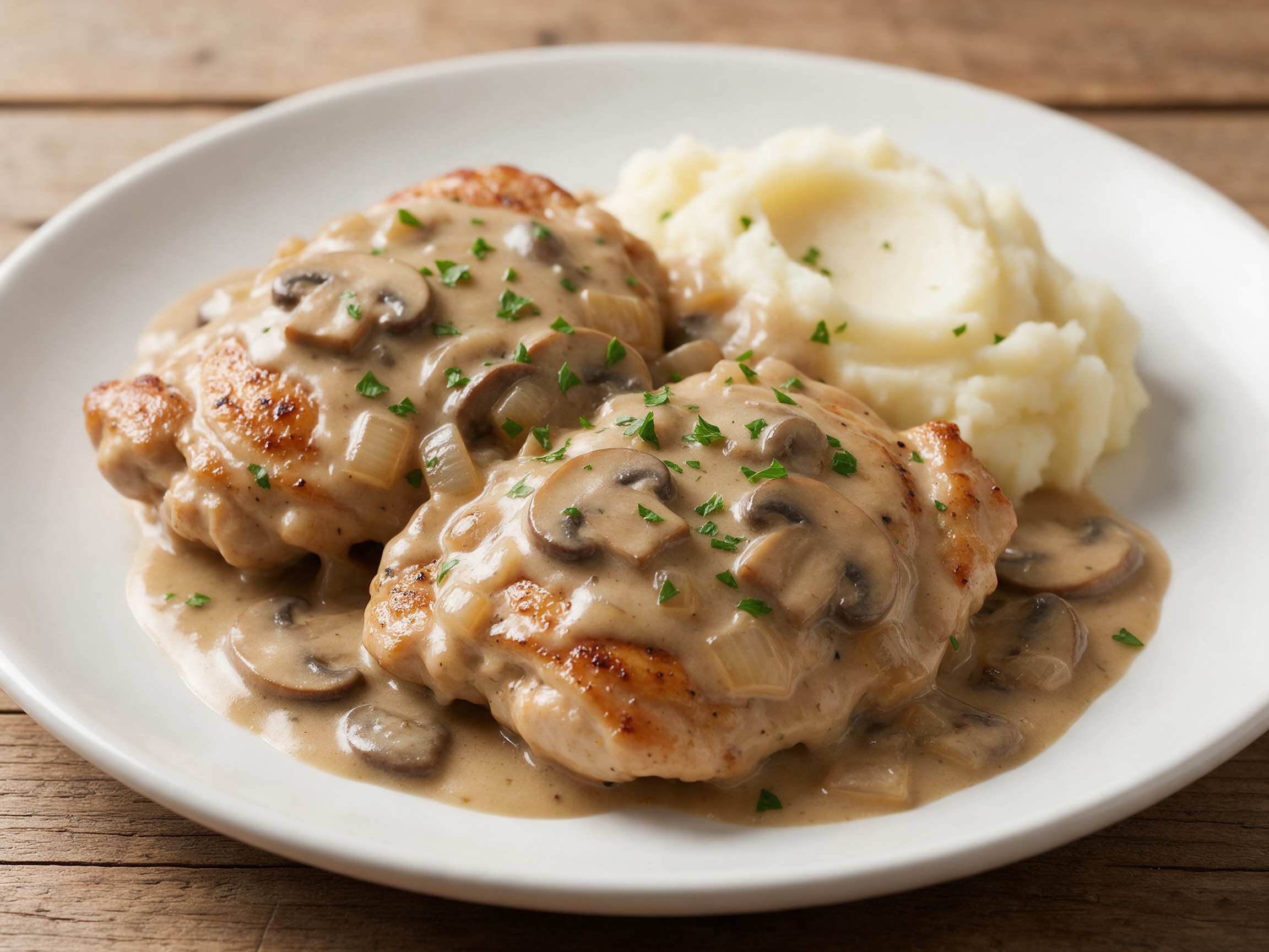 Two smothered chicken thighs under creamy mushroom gravy on a white plate beside mashed potatoes