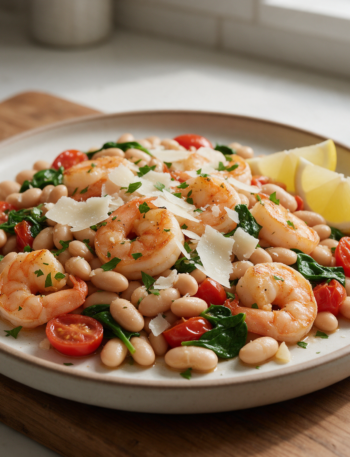 Overhead view of a 12-inch skillet of seared shrimp, cannellini beans and lemon wedges on a wooden board