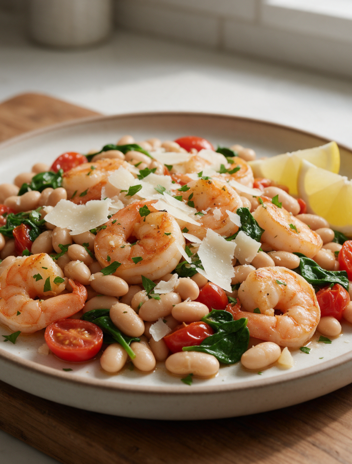 Overhead view of a 12-inch skillet of seared shrimp, cannellini beans and lemon wedges on a wooden board