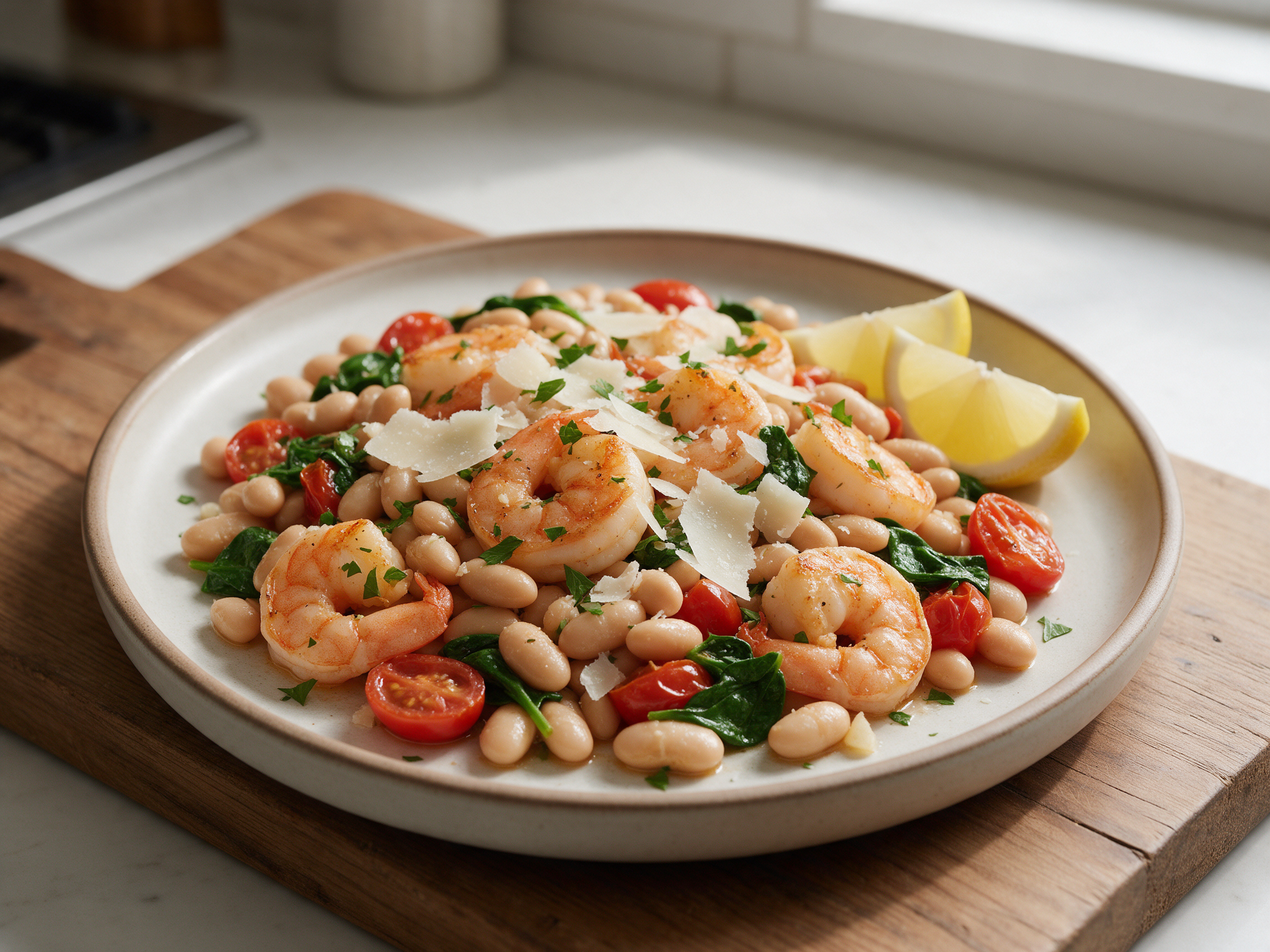 Overhead view of a 12-inch skillet of seared shrimp, cannellini beans and lemon wedges on a wooden board