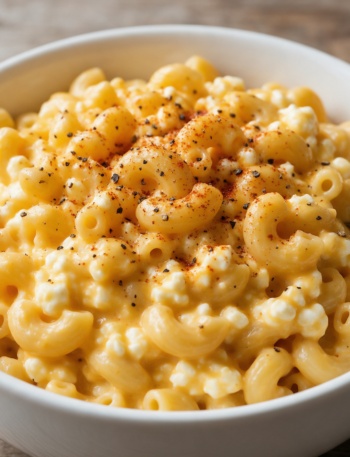 Overhead view of creamy cheddar macaroni in a white bowl topped with cracked pepper on a wooden table