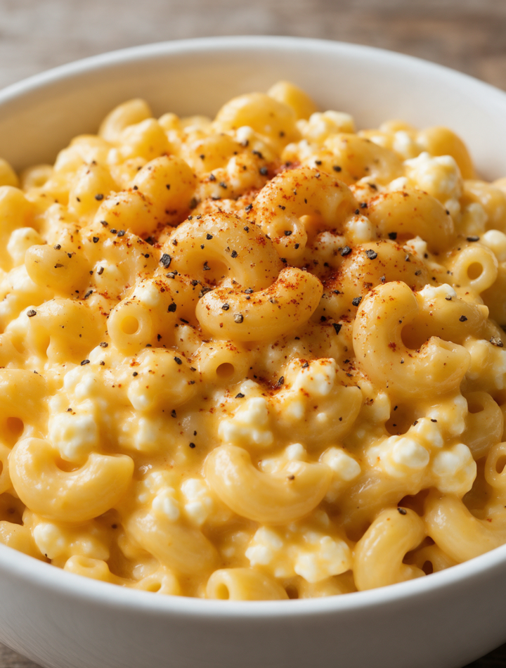 Overhead view of creamy cheddar macaroni in a white bowl topped with cracked pepper on a wooden table